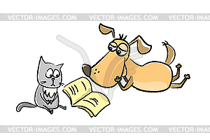 Смешные собаки и кошки читают книгу - клипарт в векторном формате