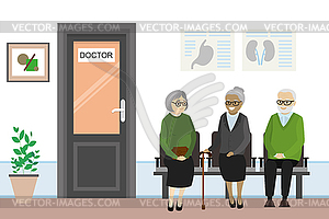 Cartoon door to doctor`s office and old people are - vector image