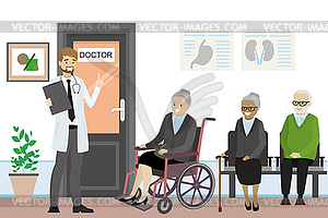 Cartoon door to doctor`s office and old people are - vector clip art