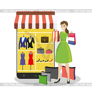 Modern Smartphone with clothing app store and beaut - vector clipart