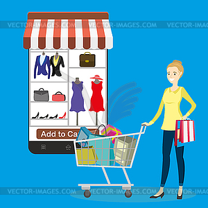 Modern Smartphone with clothing app store and beaut - vector clipart