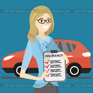 Happy female holding document,modern red car on - vector image