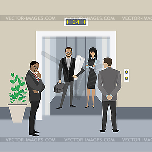 Cartoon business people in elevator and near, lift - vector image