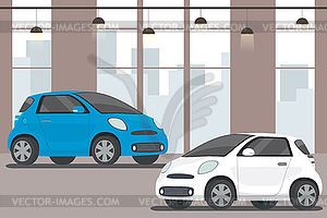 Modern cars in showroom,flat interior, - vector clipart