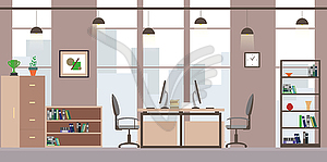 Современный офис или рабочее место в коворкинге, плоский интерьер - клипарт в векторе / векторное изображение