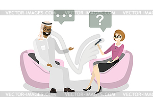 Beautiful caucasian woman reporter interviews arab - vector clip art