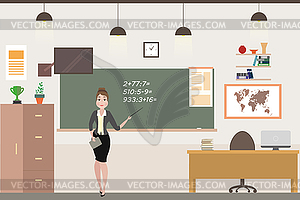 Cartoon caucasian female teacher in school classroo - vector image