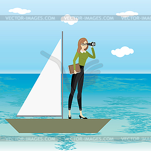 Business woman looking through binoculars,female - vector clip art