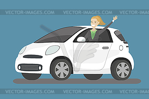 Счастливый мультяшный кавказская женщина едет в белой машине - векторизованный клипарт