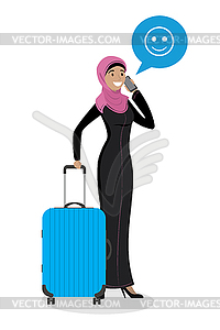 Cartoon young arab woman holding blue modern - vector clip art