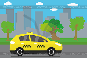 Yellow taxi car on city road, - vector image