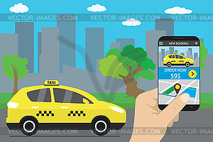 Такси на улице современного города, приложение службы такси на - изображение векторного клипарта
