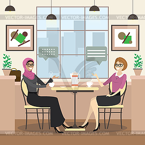 Fashion caucasian and arab female is sitting at - vector image