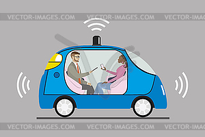 Self driving car with male and female passengers - vector clipart