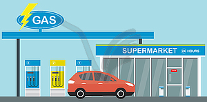 Gasoline fuel station,red modern car on road - stock vector clipart
