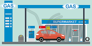 Gas station,supermarket and car, - vector clipart