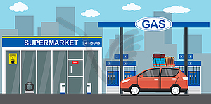 Gasoline fuel station,red car with luggage on roof - vector clipart