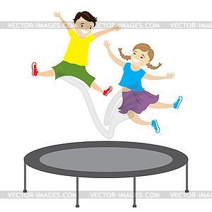 Happy caucasian children jumping on trampoline - vector image