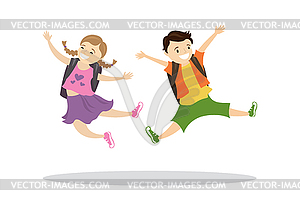 Happy caucasian kids with backpacks in jump - vector image