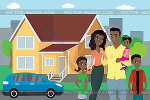 Happy african american family, house and car in - vector clipart