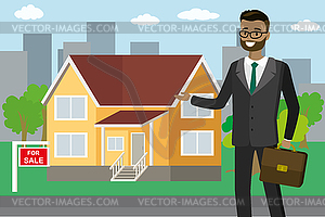 African american realtor shows house for sale - vector clipart