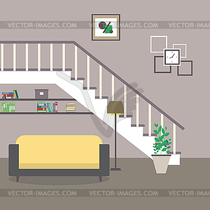 Интерьер дома. Диван под лестницей - векторизованное изображение клипарта