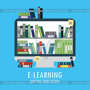 Книги на экране монитора, онлайн-библиотека, образование - цветной векторный клипарт