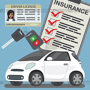 Driving license with woman photo,insurance,car key - vector clipart
