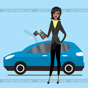 Beauty african american woman holding car key, - vector image
