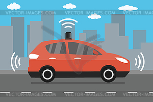 Self Driving car on road,modern red auto on city - vector image