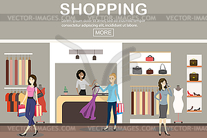 ,caucasian female cashier and and women buyers - vector image