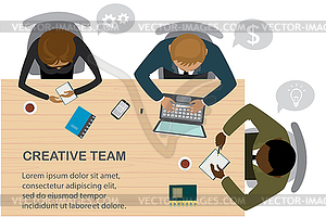 Business people sit at table, team work, top view - vector clip art