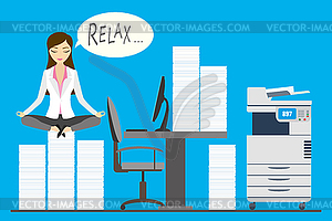 Businesswoman is sitting on pile of paper in lotus - vector clip art