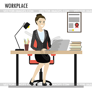 Рабочий стол, Кавказская деловая женщина на рабочем месте - векторное изображение