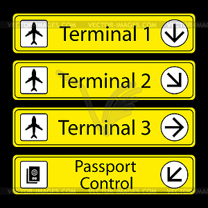 Желтые знаки аэропорта с монохроматическими пиктограммами - стоковый клипарт