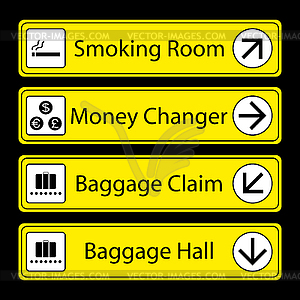 Yellow Airport Signs with monochromatic pictograms - vector clipart