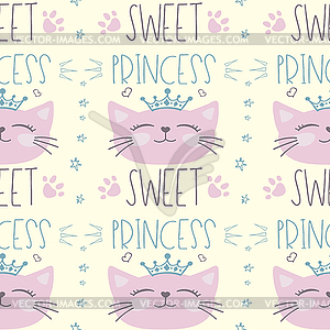 Seamless pattern with cute cat and lettering - vector clipart