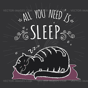 Adorable fat and black cat is sleeping - vector clipart