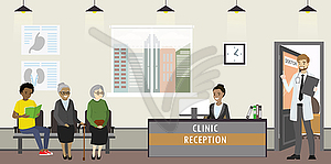 Clinic reception interior with furniture, - vector clip art