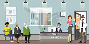 Clinic reception, doctor and old woman - vector image