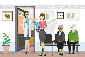 Cartoon open door to doctor`s office and different - vector image