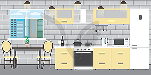 Modern kitchen interior with furniture on brick wall - vector clipart