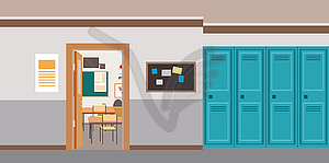 Cartoon empty school interior,open door in classroom - vector image