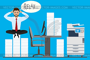 Businessman is sitting on pile of paper in lotus - vector image