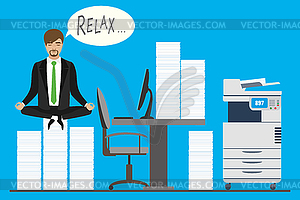 Businessman is sitting on pile of paper in lotus - vector clipart