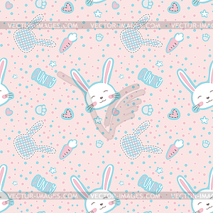 Cute doodle seamless pattern with bunny - vector image