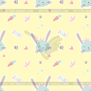 Cute doodle seamless pattern with bunny - vector clip art