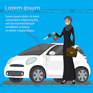 White modern car and muslim woman in traditional - vector clipart