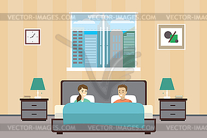 People lie in bed, couple in bedroom, Home - royalty-free vector clipart