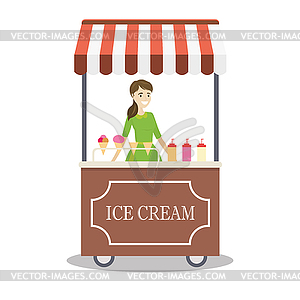 Cartoon trolley with ice cream and caucasian - vector image